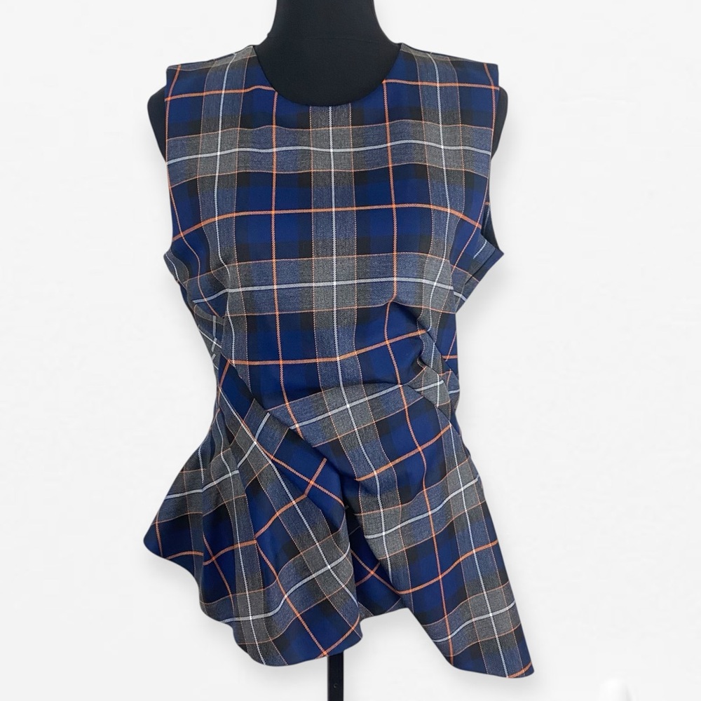 Zara Navy Orange Checkered Plaid asymmetrical peplum sleeveless top blouse NWT L